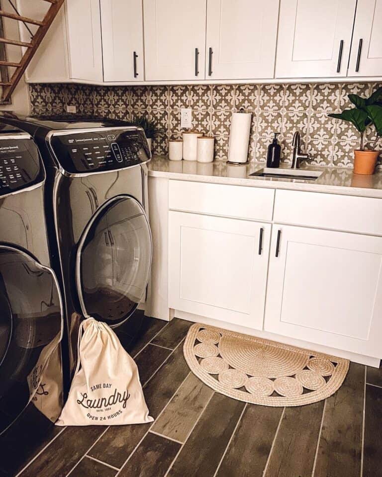 Dark Stained Wood Laundry Room Flooring