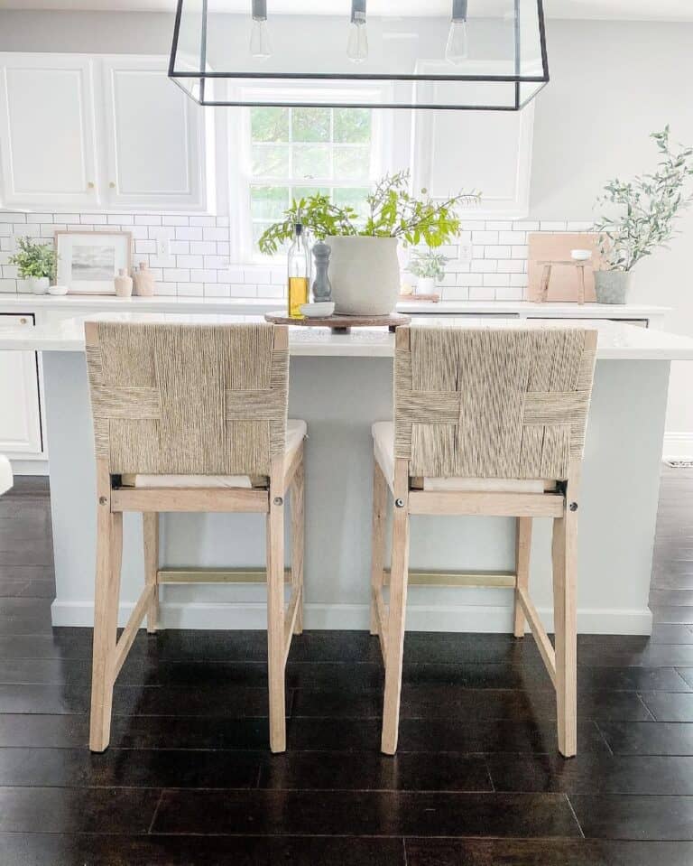 Dark Wood Flooring in White Kitchen