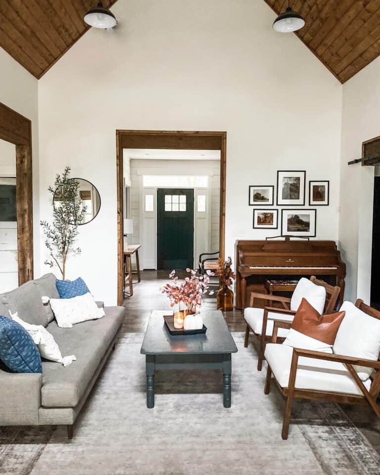 Dark Wood Shiplap Vaulted Ceiling Living Room