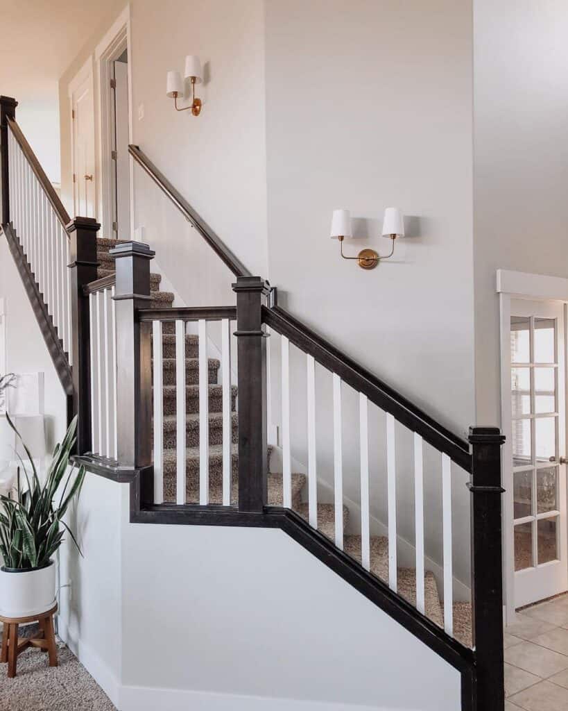 Dark Wood Staircase Trim with White Spindles