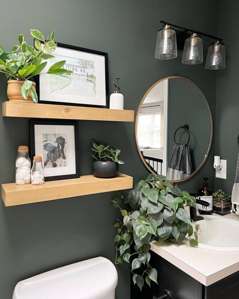 Deep Green Powder Room with Floating Shelves