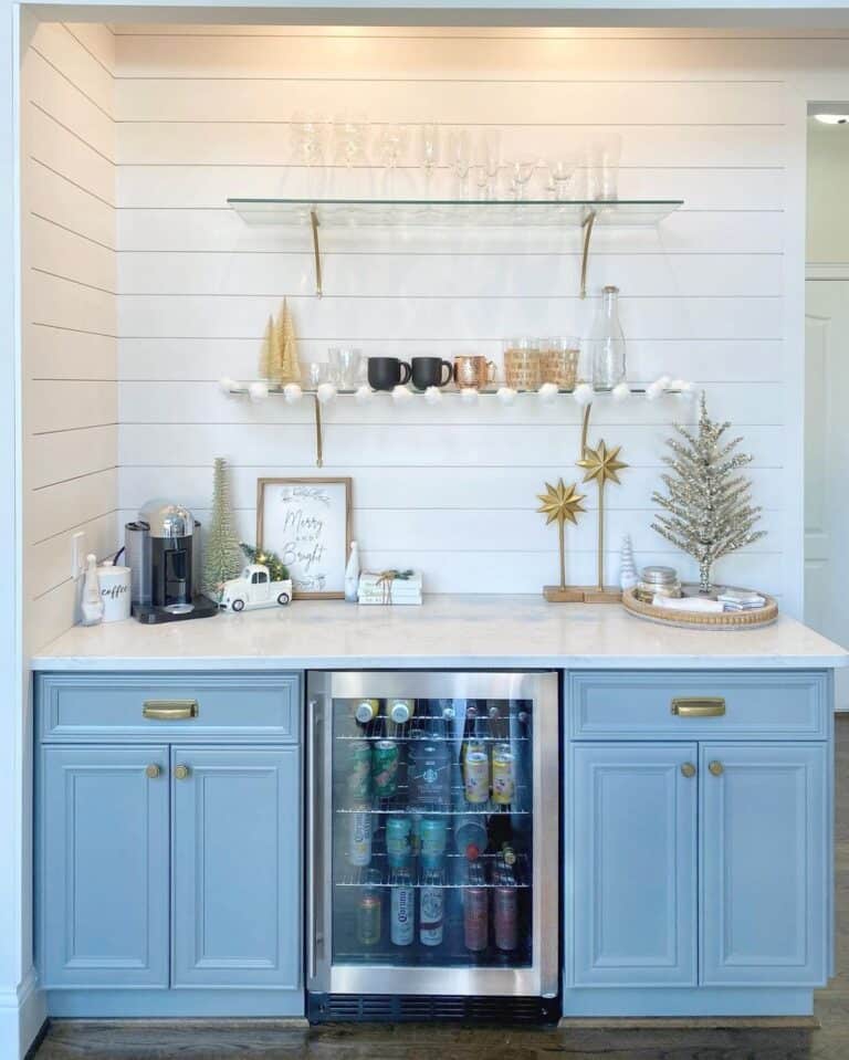 Dry Bar with Brass Kitchen Cabinet Knobs