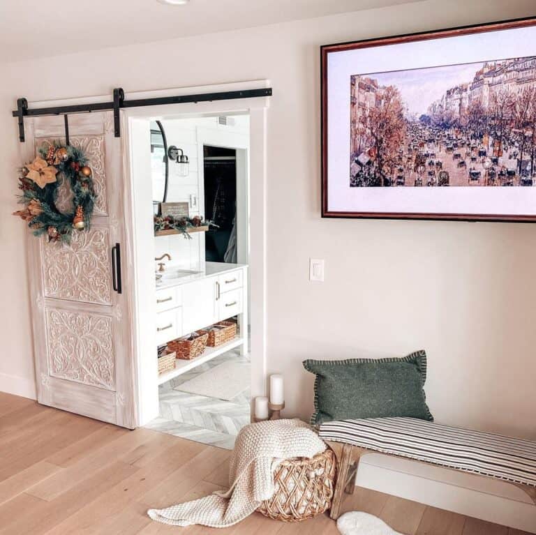 Embellished Barn Door to Shiplap Bathroom