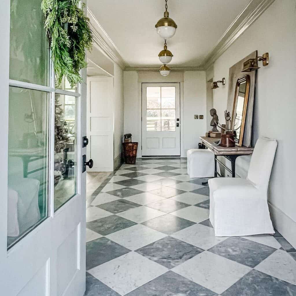 Entryway with White and Gray Checkerboard Floor
