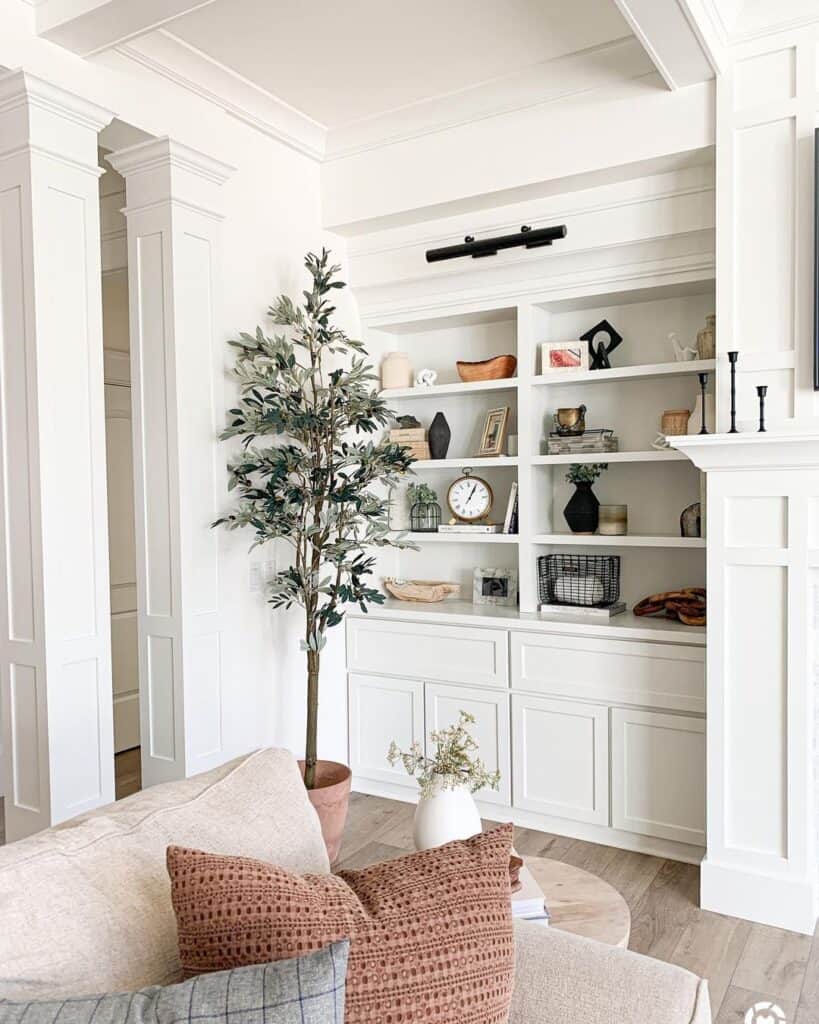 Fake Olive Tree in Neutral Living Room