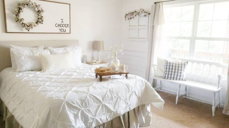 Farmhouse Bedroom Décor with White Bench