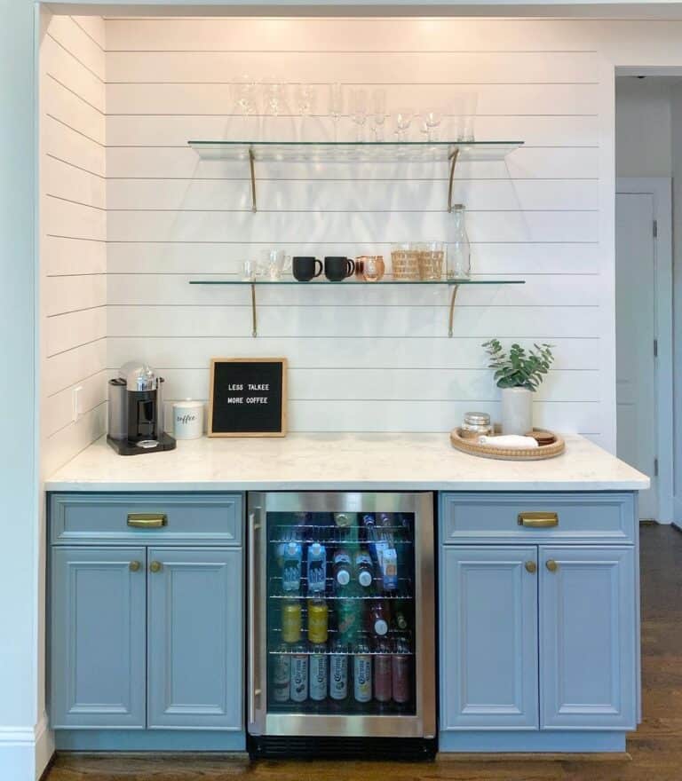 Farmhouse Blue Kitchen Cabinets with White Countertop
