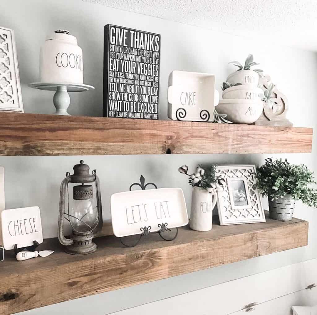 Farmhouse Décor on Wood Floating Shelves