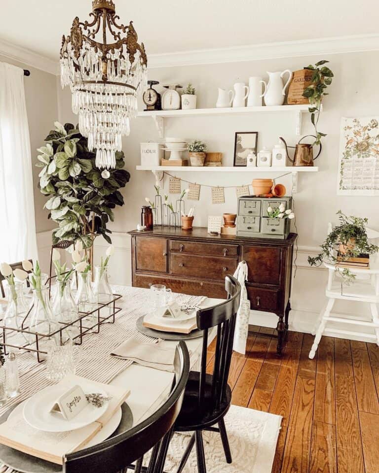 Farmhouse Dining Room with Dark Wood Sideboard