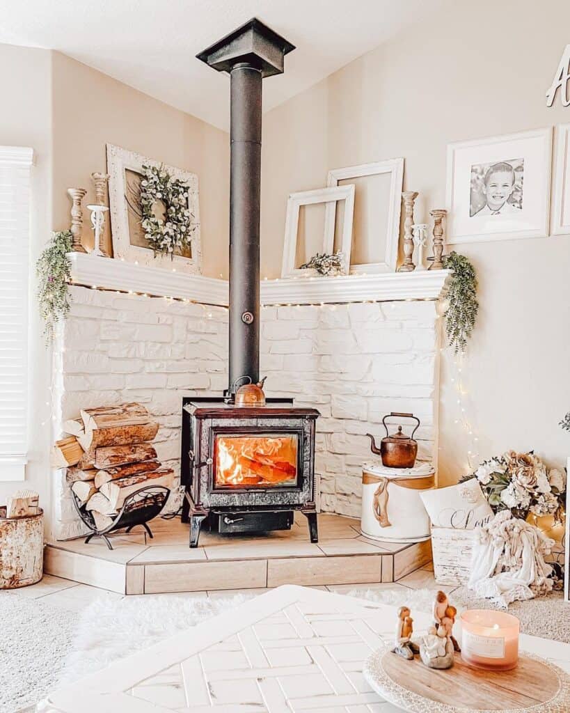 Farmhouse Fireplace Mantel with String Lights