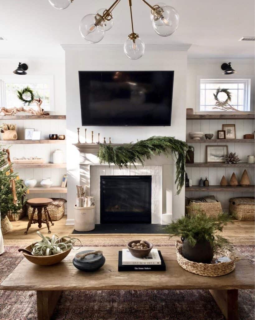 Farmhouse Fireplace with Rustic Wood Floating Shelves