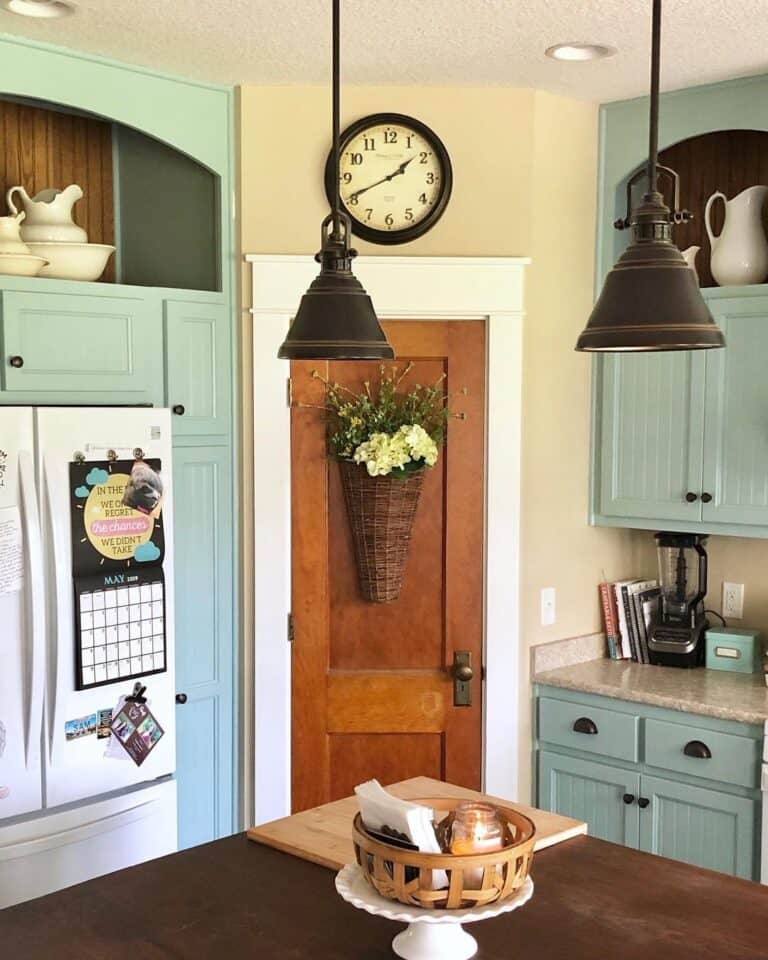 Farmhouse Kitchen with Wood Two Panel Pantry Door