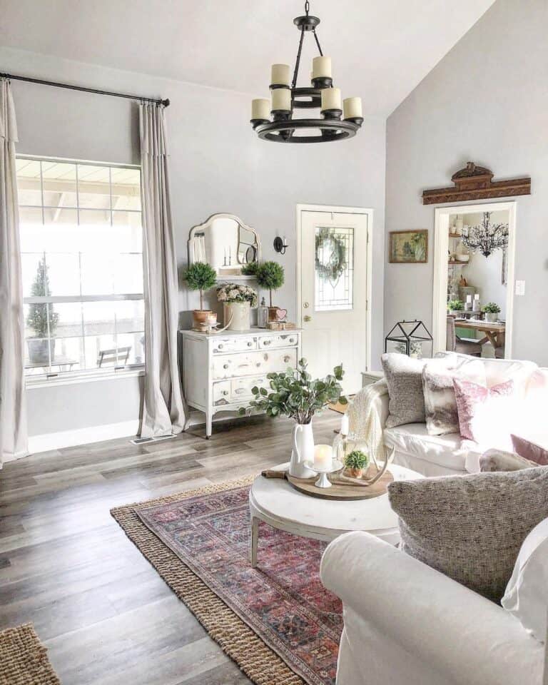 Farmhouse Living Room with Vaulted Ceiling