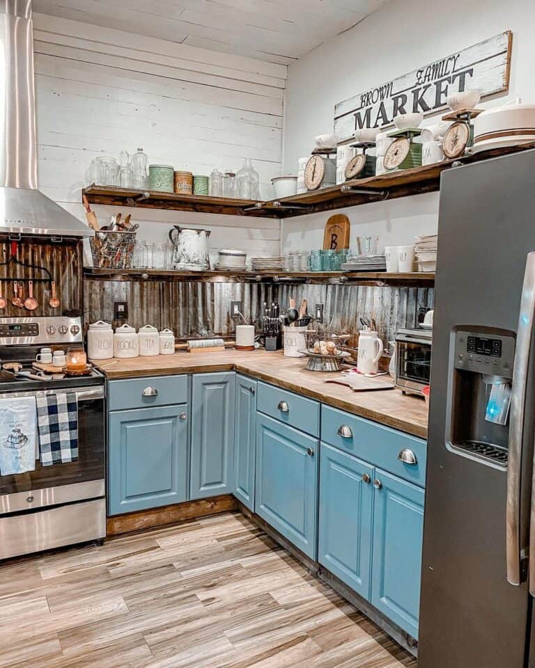 Farmhouse Rustic Kitchen Blue Cabinets with Backsplash