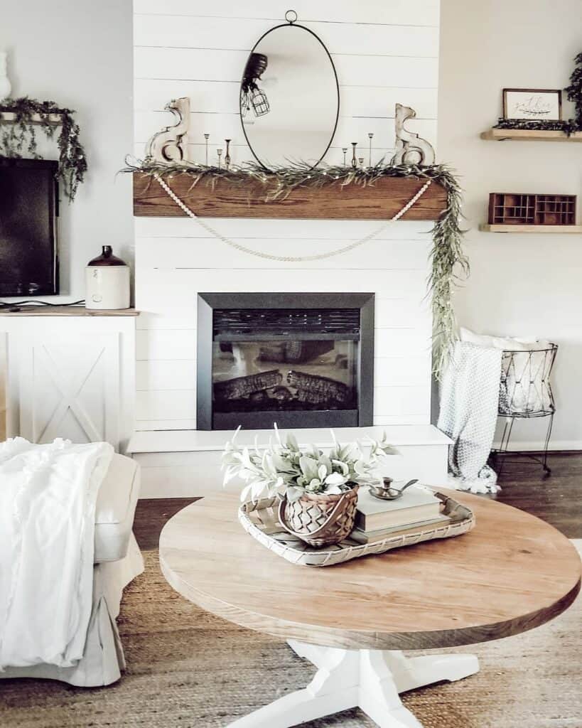 Farmhouse Shiplap Fireplace with Floating Shelves