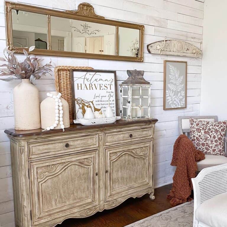 Farmhouse-Style Living Room with Vintage Wood Sideboard