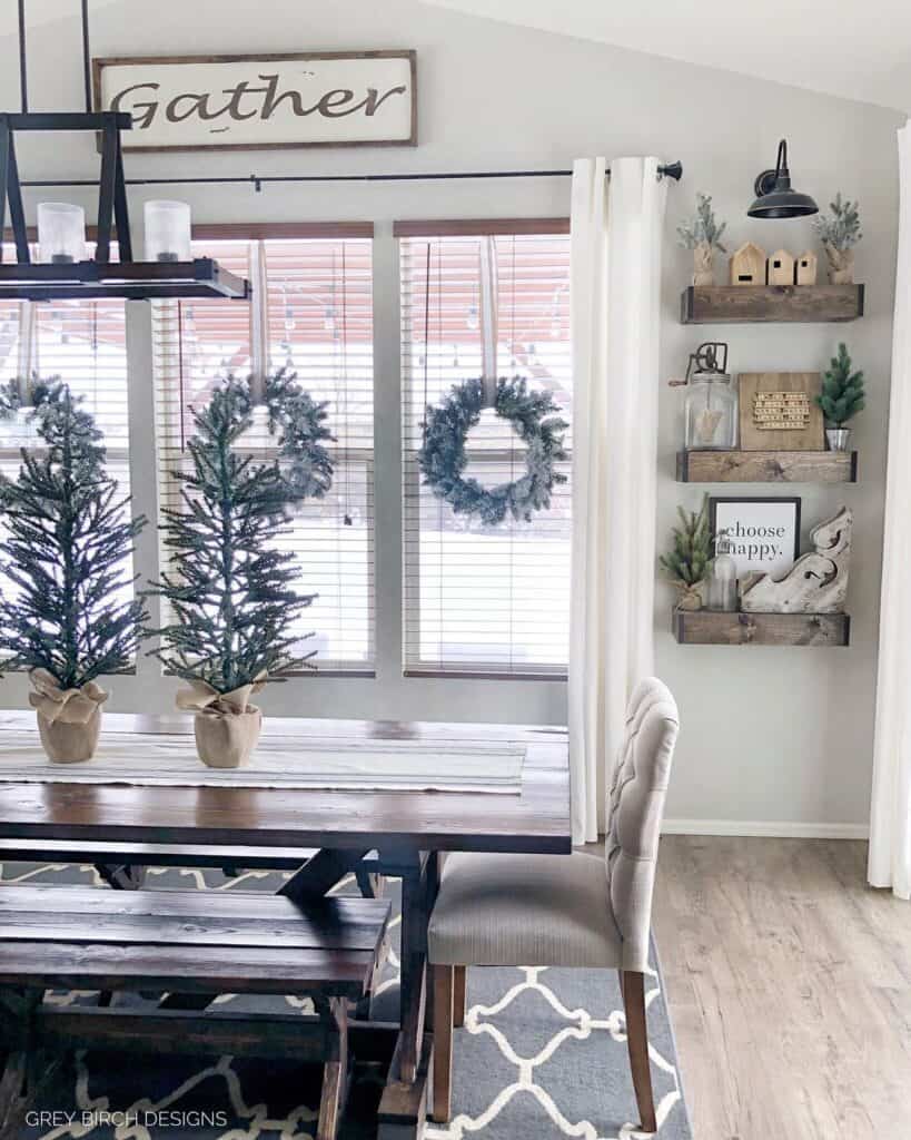Festive Dining Room with Flocked Wreaths