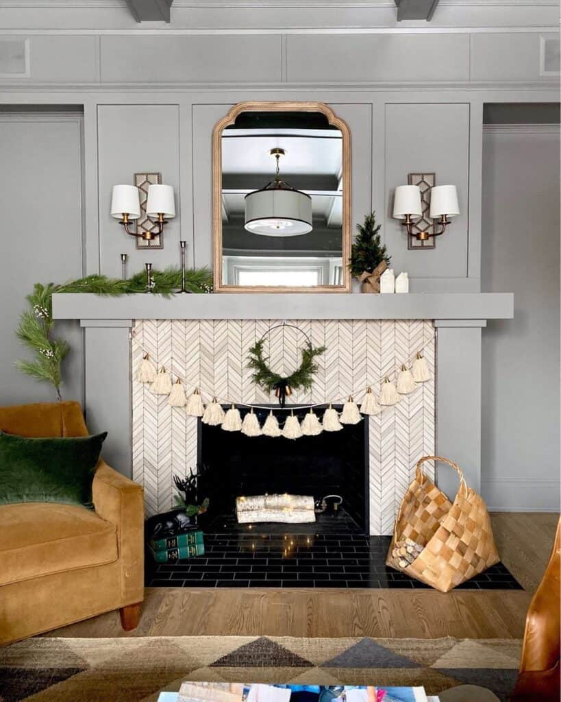 Fireplace Lighting Ideas for a White Herringbone Tile Fireplace