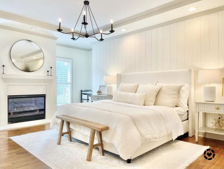 Fireplace in White Vertical Shiplap Bedroom