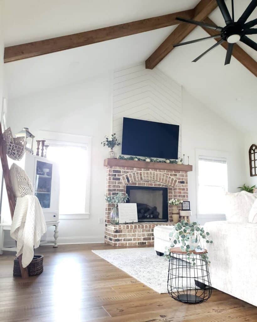 Fireplace with Vaulted Ceiling and Chevron Shiplap