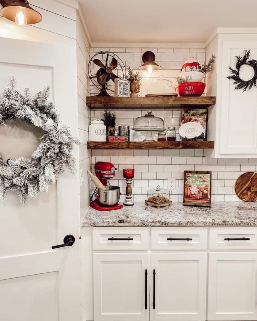 Floating Shelves Over White Subway Tile Backsplash