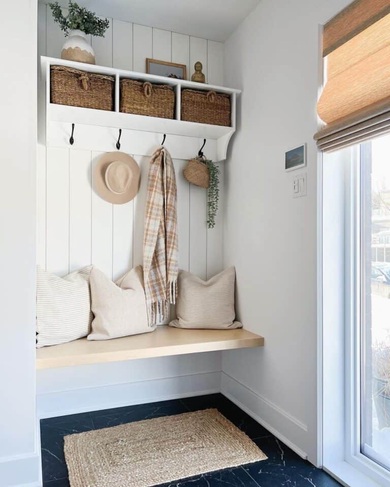 Floating Wood Bench and White Coat Rack