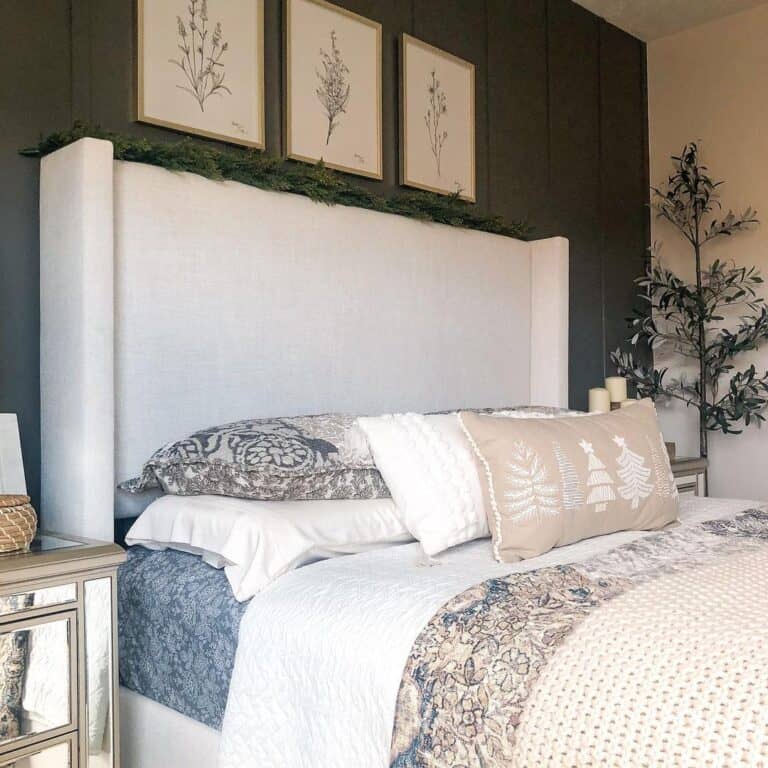 Floral Accents and Dark Green Bedroom Wall