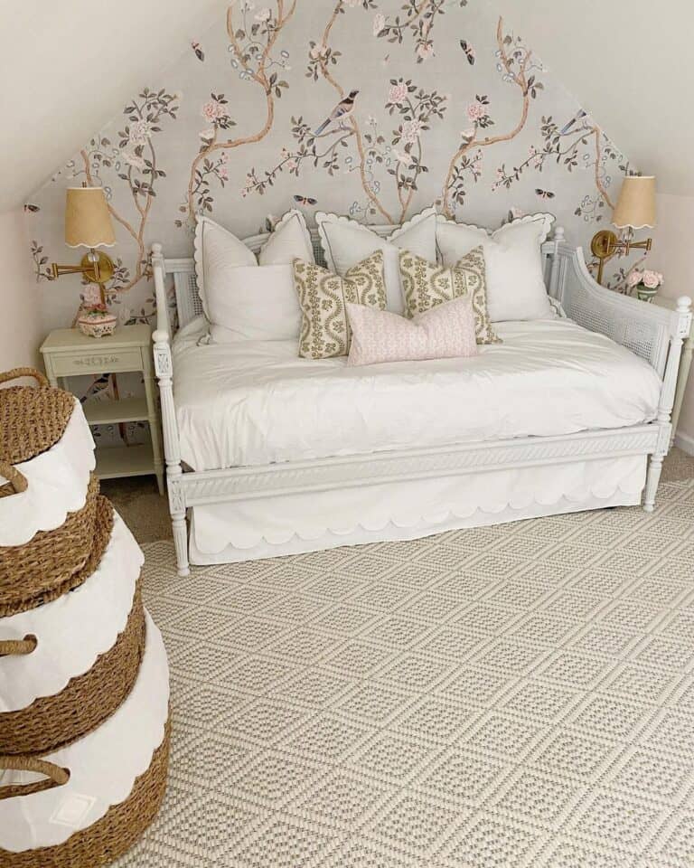 Floral Wallpaper in Slanted Ceiling Bedroom