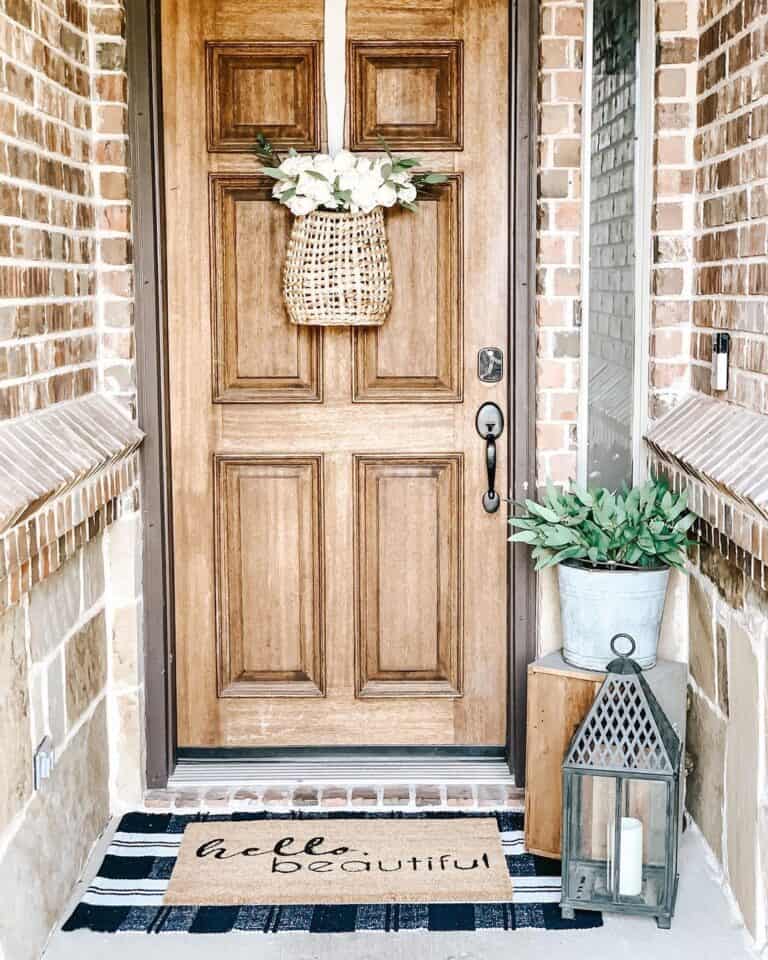 Flowers in a Wicker Basket on a 6 Panel Oak Front Door