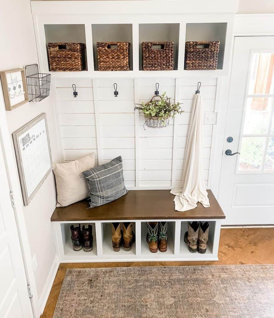 Glass Insert Door into Wood Floor Mudroom