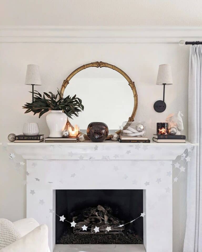 Gold Circle Mirror for White Fireplace