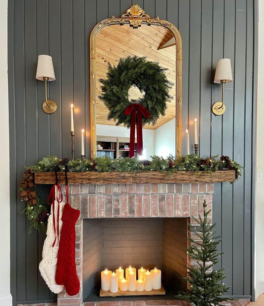 Gold Fireplace Sconces on a Vertical Black Shiplap Wall