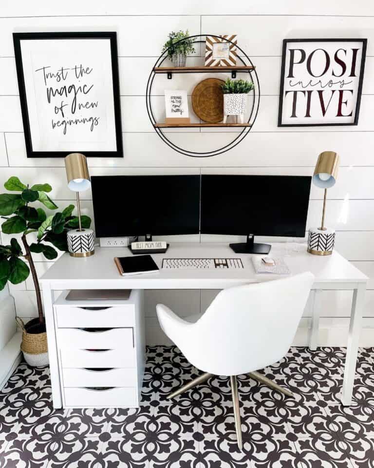 Gold Lamps on a Modern White Desk with Drawers