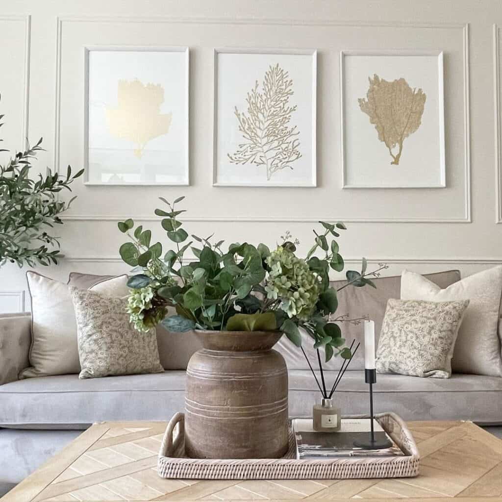 Gold and White Wall Art Decor on a Paneled Wall