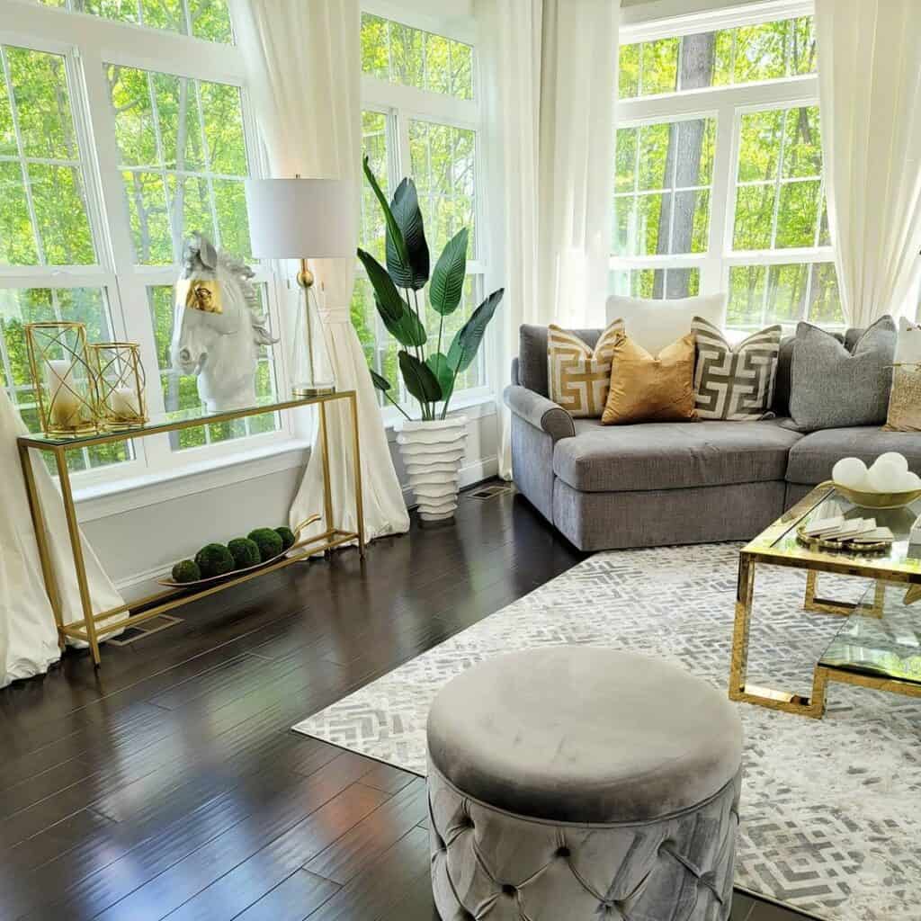 Gray Furnished Living Room with Ivory Drapes