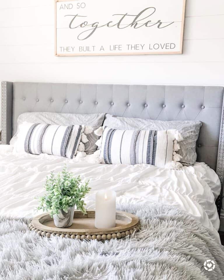 Gray Headboard with White and Gray Bedding