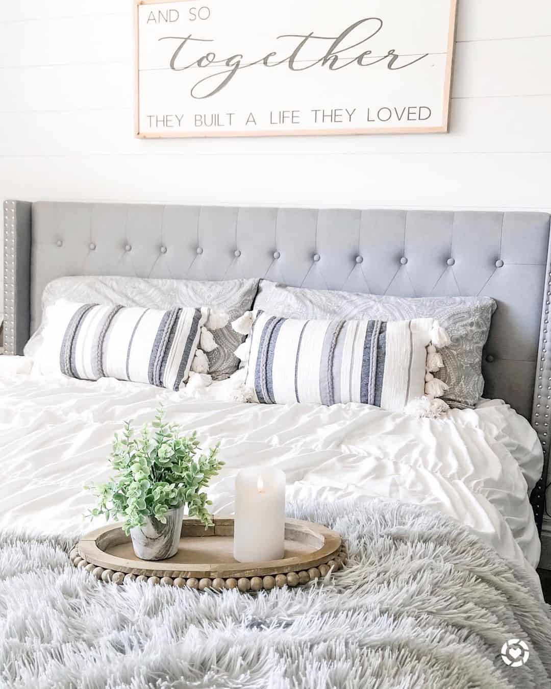 Gray Headboard with White and Gray Bedding Soul & Lane