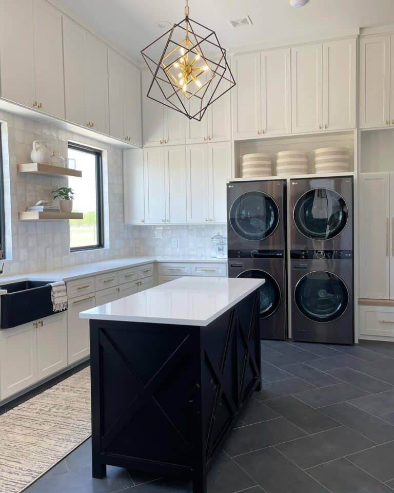 Gray Herringbone Tile Laundry Flooring