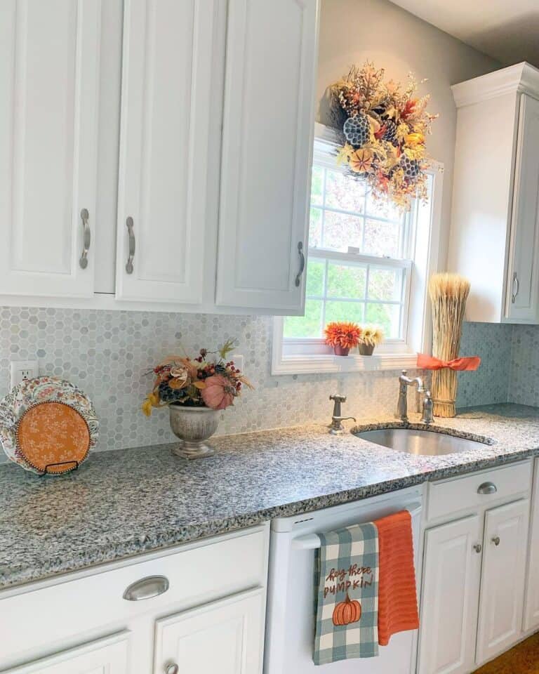 Gray Honeycomb Backsplash with Granite Countertops in Harvest Adorned Kitchen