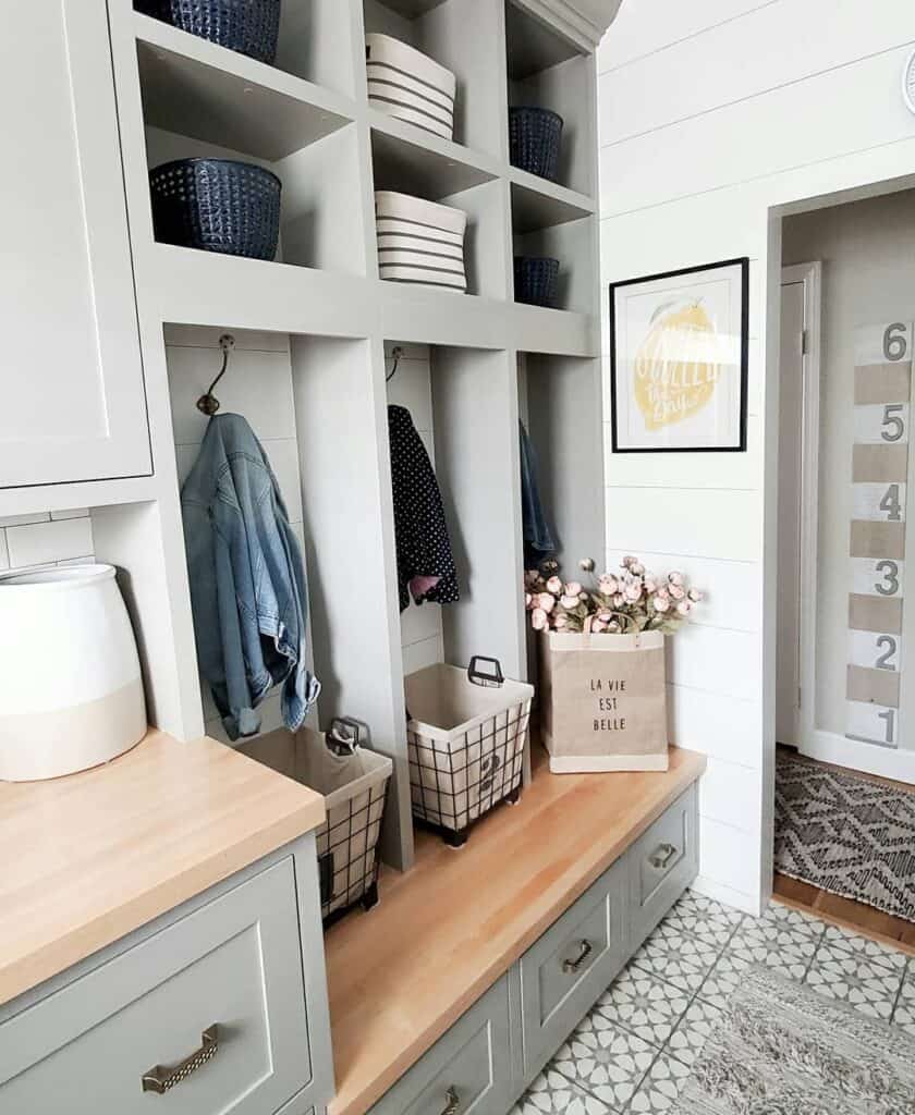 Gray Open Storage with Wood Bench