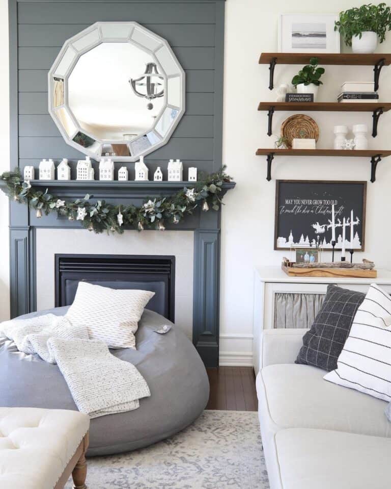 Gray Shiplap Fireplace With Subtle Christmas Display