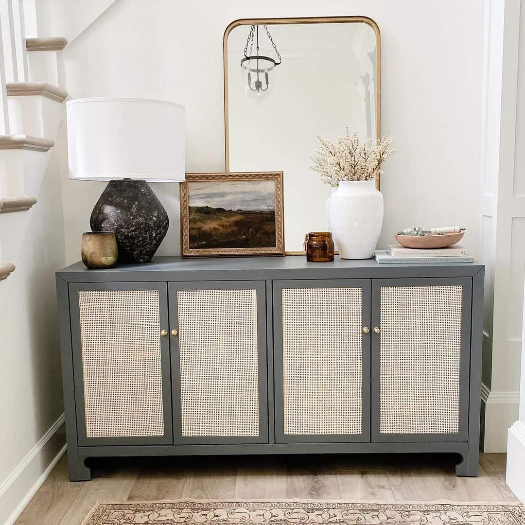 Gray Staircase Sideboard with Woven Cabinets - Soul & Lane