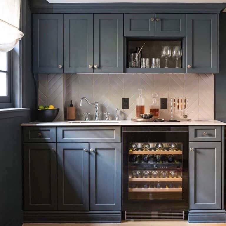 Gray Subway Tile Herringbone Pattern Backsplash