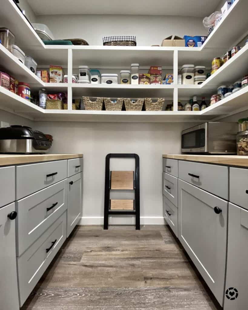 Gray Walk In Pantry Cabinets with White Shelves