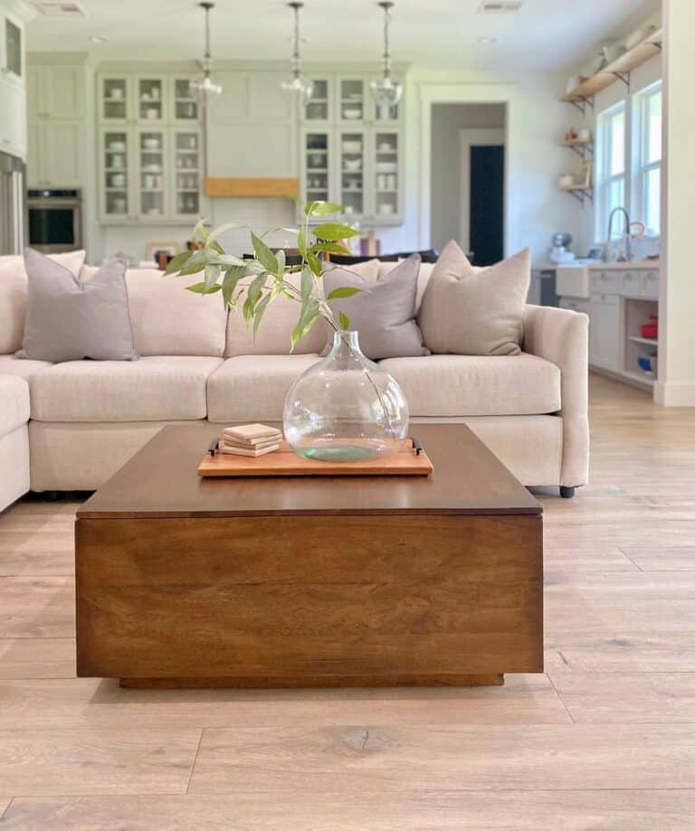 Green Branch in a Glass Vase on a Block Coffee Table