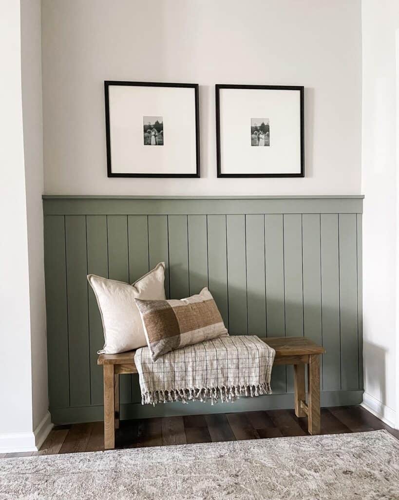 Green Half Wall and Wood Bench