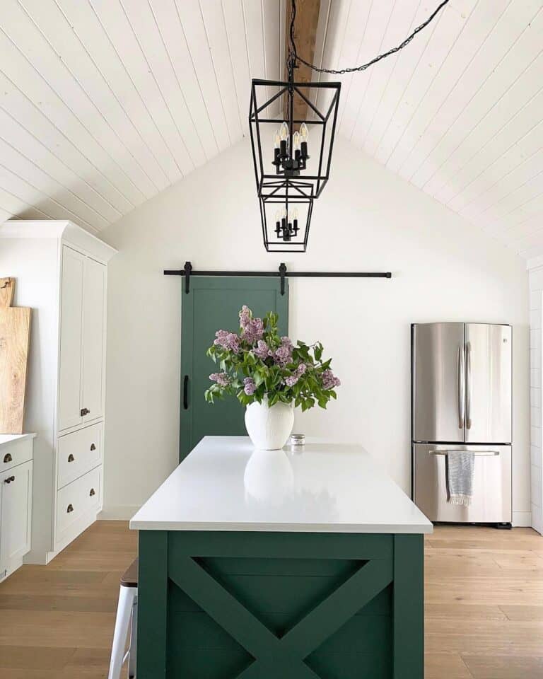 Green Kitchen Island with White Shaker Cabinets