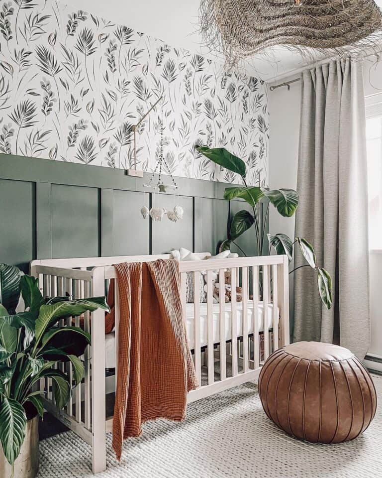 Green Neutral Nursery with Leather Pouf