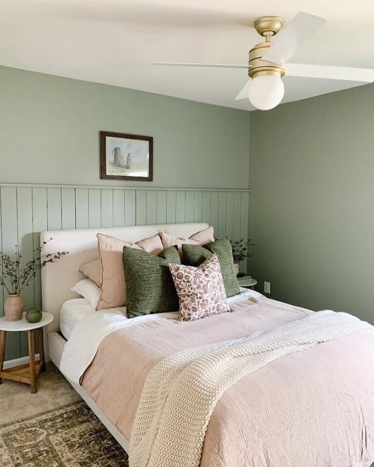 Green Walls and Blush Pink Bedding