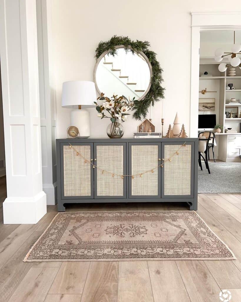 Grey Cane Sideboard with Circle Mirror
